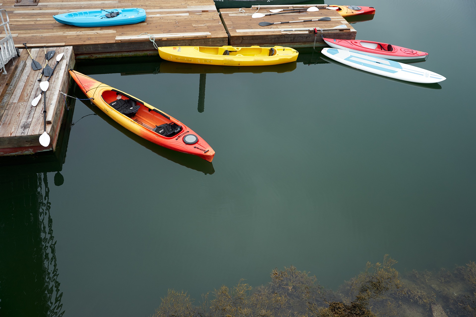 Boat dock surrounded by kayaks and paddleboards on the Maine coast