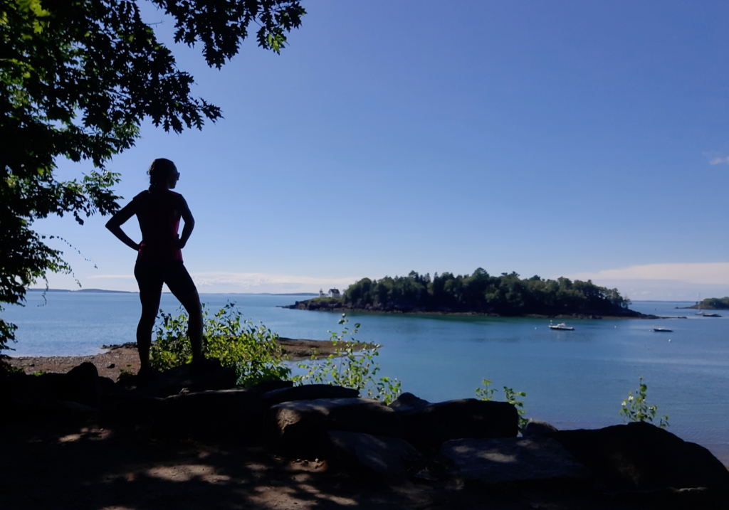 A swimmer stands in the shadow of a tree, overlooking the ocean toward a small island.