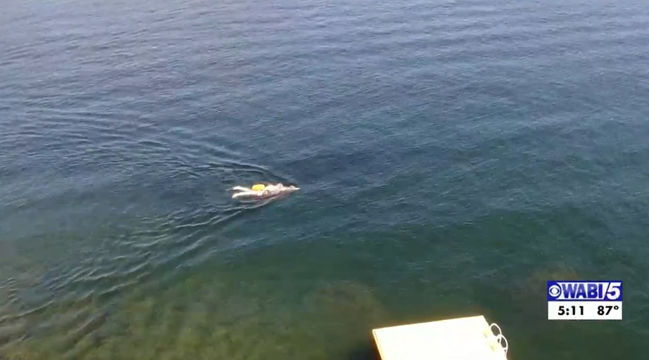 Screenshot from WABI video: Ali Simmons swimming in a Maine lake