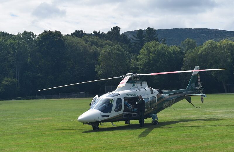 A LifeFlight helicopter lands at the ballfield in Bar Harbor. PHOTO BY FAITH DEAMBROSE
