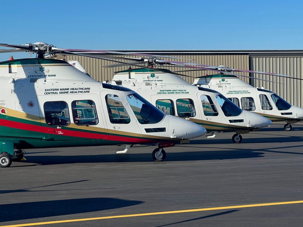 LifeFlight of Maine’s 3 new aircraft,  Lima Foxtrot (N901LF) purchased in 2020, Xray Mike (N901XM)  purchased in 2021, and Whiskey Mike (N901WM), purchased earlier this fall, convened outside our hangar in Auburn this morning to celebrate the end of a $20 million, 5 year campaign to Complete The Fleet.  