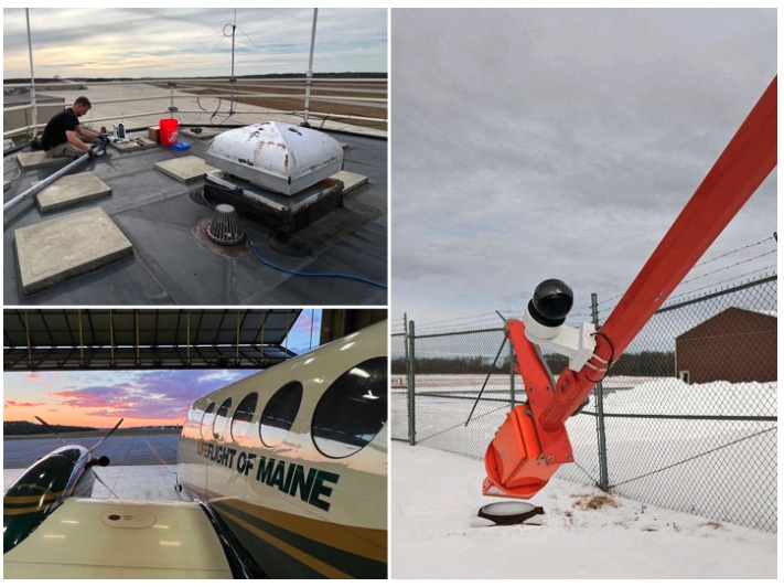 Collage of weather camera installation, weather camera, and LOM helicopter