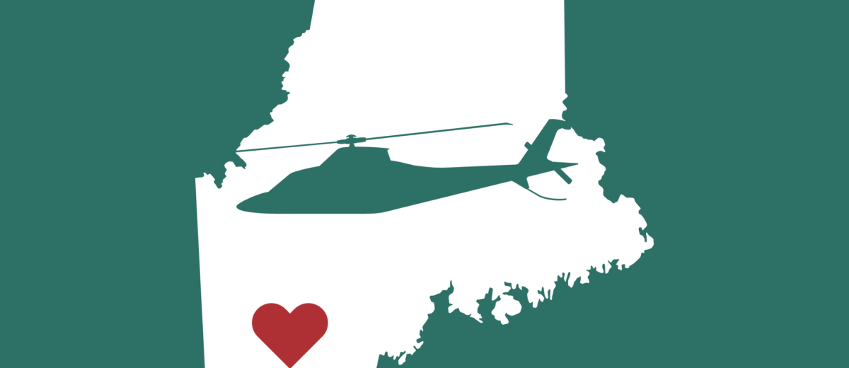 Outline of the State of Maine with the green LifeFlight helicopter logo in the center and a red heart over Lewiston.