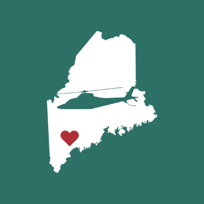 Outline of the State of Maine with the green LifeFlight helicopter logo in the center and a red heart over Lewiston.