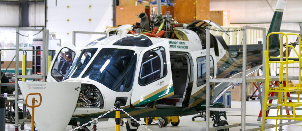 LifeFlight helicopter undergoing an inspection