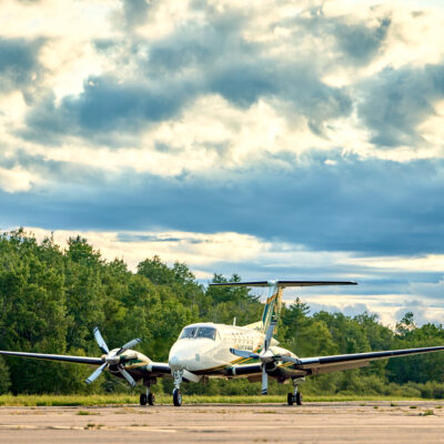 LifeFlight airplane on runway at rural Maine airport