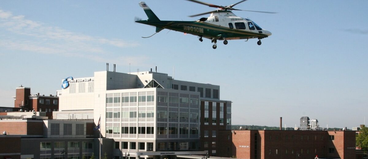 LifeFlight of Maine helicopter prepares to land on helipad.