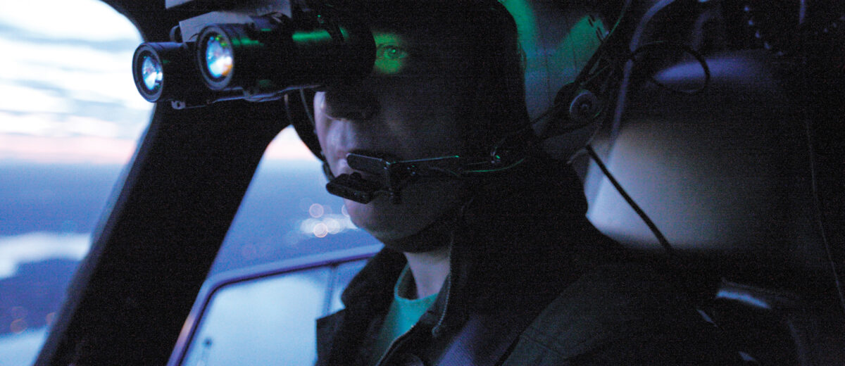 LifeFlight of Maine crew member wearing night vision goggles.