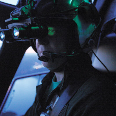 LifeFlight of Maine crew member wearing night vision goggles.