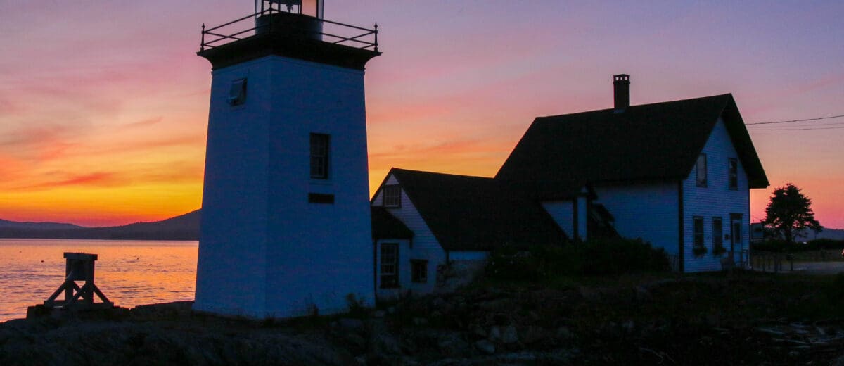A photo of Grindle Point Light Station, Islesboro at sunset.